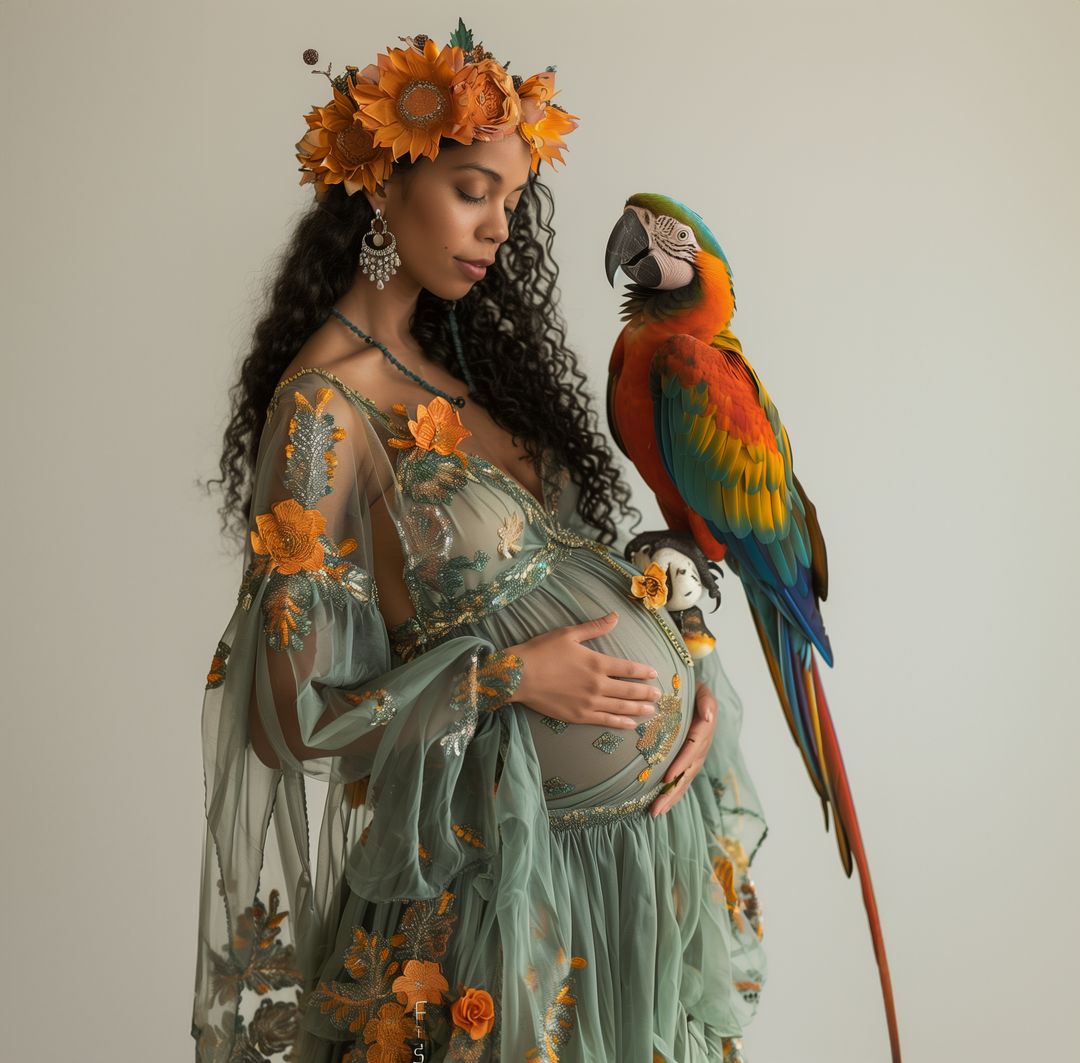 Elegant fine-art maternity portrait with colorful macaw parrot by Chicago maternity photographer Sri & Jana