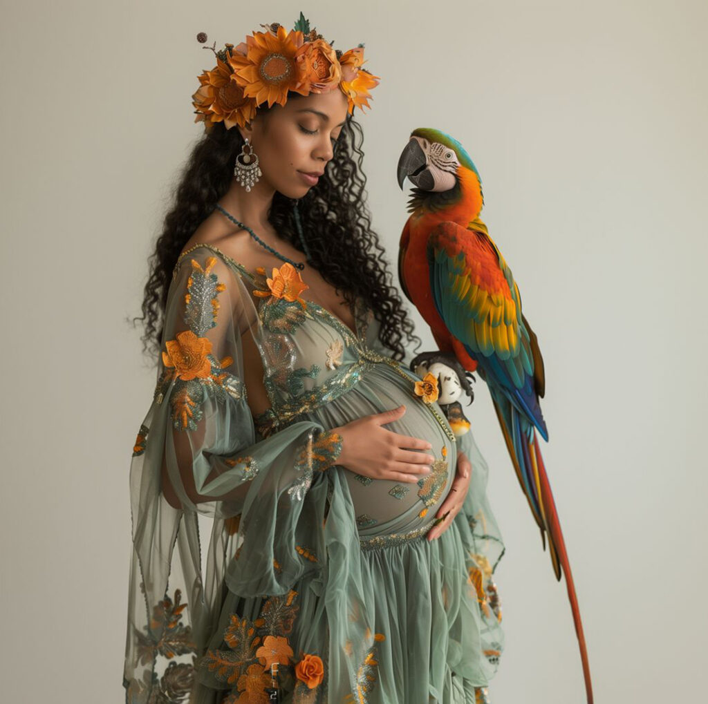 Gorgeous pregnant White American woman with a large parrot in her hands Chicago Studio Photography